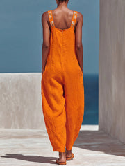 Women's Square-neck Sleeveless Loose-fit Cotton-linen Wide-leg Jumpsuit