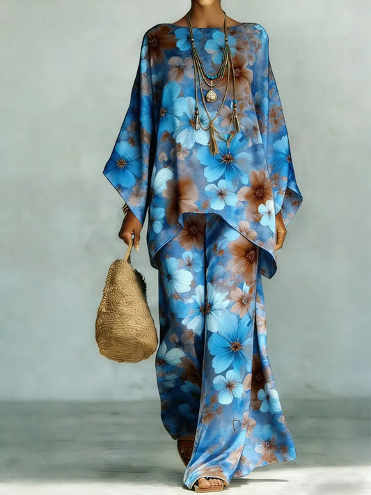 Women's Vintage Floral Art Comfortable Loose Cotton Linen Wide-leg Pants Two-piece Set