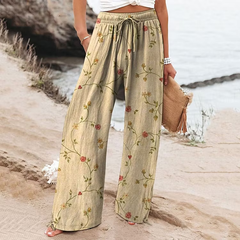 Women's Vintage Flowers Art Printed Cotton And Linen Casual Pants