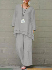 Women'S Solid Color Cotton And Linen Two-Piece Set