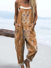 Women's Vintage Floral Pattern Art Print Casual Cotton Wide Leg Jumpsuit
