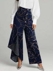 Women's Line Flower Art Print High-waisted Relaxed Fit Wide-leg Jeans With A Stylish Design.