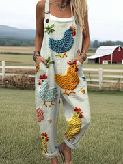 Women's Funny Chick Art Print Casual 100% Cotton Wide Leg Jumpsuit