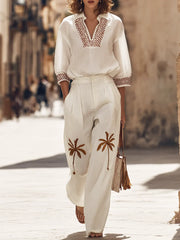 Women's Retro Vacation Art Comfortable Loose Pants Cotton Linen Two-piece Set