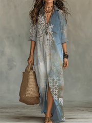 Women's Retro Floral Art Print Casual Long Sleeve Cotton Dress