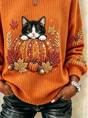 Casual Cat Crew Neck Long Sleeve Sweatshirt
