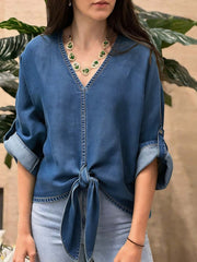 Women's V-neck Long-sleeved Tie-waist Loose-fitting Denim Top