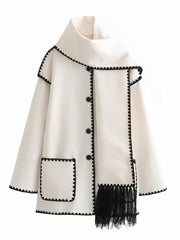 Women's Thickened Loose Woolen Coat with Scarf and Tassels