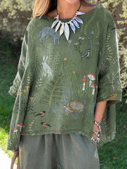 Woodland And Animals Repeat Pattern Printed Women's Casual Cotton And Linen Shirt