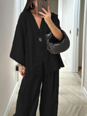 Women's Solid Color V-Neck Cardigan Top High Waist Casual Linen Wide Leg Pants Set