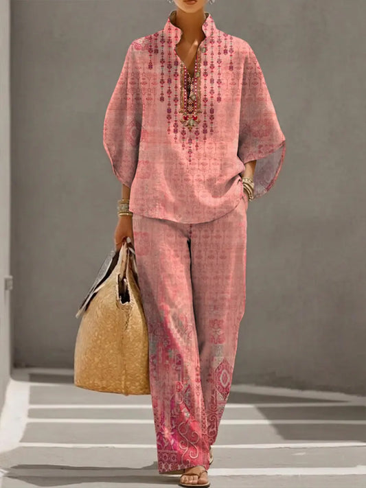 Women's Retro Floral Art Print Casual 3/4 Sleeve Top And Pants Cotton Linen Suits