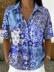 Women's Vintage Botanical Floral Casual Polo Collar Short-sleeved Linen And Cotton Shirt