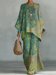 Women's Vintage Floral Art Comfortable Loose Cotton Linen Wide-leg Pants Two-piece Set