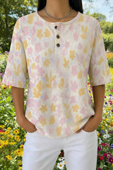 Womens Soft Pastel Floral Print Casual Waffle Cotton Shirt
