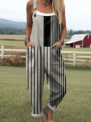 Women's Vintage Abstract Geometric Art Printed Casual Cotton Wide Leg Jumpsuit