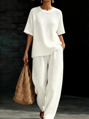 Womens Breathable Waffle Texture Short Sleeve Top And Wide Leg Pants Two Piece Set