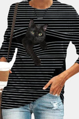 Stripe Cat Print Round Neck Long Sleeves Sweatshirt