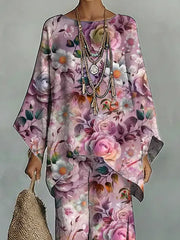 Women's Vintage Floral Art Comfortable Loose Cotton Linen Wide-leg Pants Two-piece Set