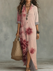 Women's Retro Floral Art Print Casual Long Sleeve Cotton Dress