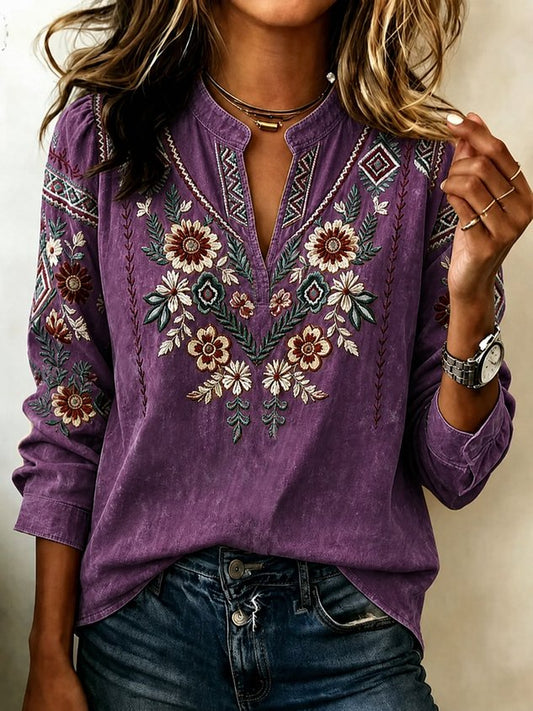 Women Geometric Casual Blouse V Neck Long Sleeve Printing Top