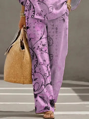 Women's Retro Floral Art Print Casual 3/4 Sleeve Top And Pants Cotton Linen Suits