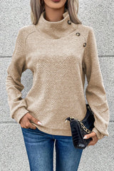 Apricot Asymmetric Buttons Textured High Neck Sweatshirt