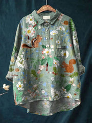 Women's Vintage Lovely Woodland Animals Art Print Casual Cotton And Linen Shirt