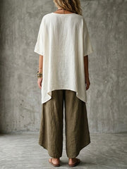 Women's Simple Loose Color-block Simple Cotton-linen Set