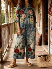 Women's Vintage Bohemian Art Print Casual Washed Cotton linen Denim Jumpsuit