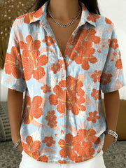 Women's Vintage Botanical Floral Casual Polo Collar Short-sleeved Linen And Cotton Shirt