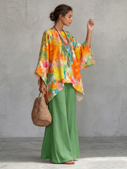 Retro Floral Print Cotton-linen Two-piece Set