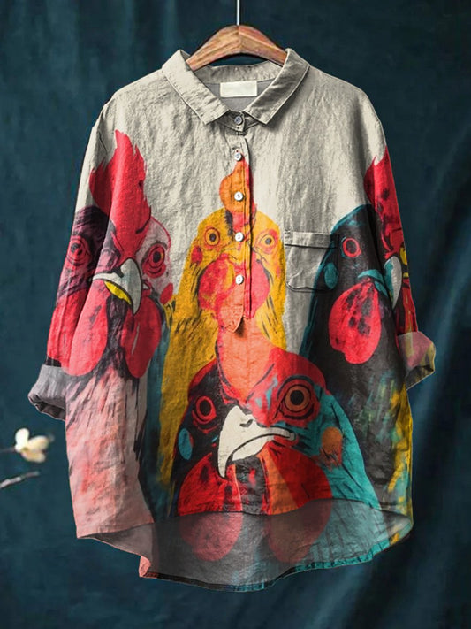 Women's Vintage Hand Painted Chicks Print Casual Cotton And Linen Shirt
