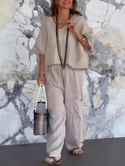 Women's Solid Color V-Neck 3/4 Sleeve Loose Top High Waist Casual Wide Leg Pants Set