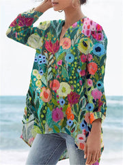 Women's Flower Print Casual Linen V-neck Shirt