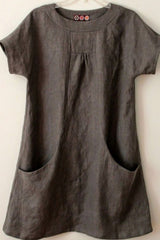 Plain Pockets Round Neck Short Sleeves Blouse