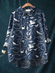 Women's Retro Flower Art Print Casual Cotton And Linen Shirt