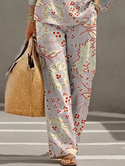 Women's Retro Floral Art Print Casual 3/4 Sleeve Top And Pants Cotton Linen Suits