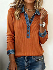 Daily Denim Black Shirt Collar Long Sleeve Contrast Vintage Button Knitted Blouses