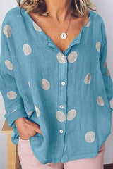 Polka Dot Print Buttons O-neck Long Sleeves Blouse