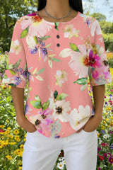 Womens Soft Pink Vintage Floral Print Casual Waffle Cotton Shirt