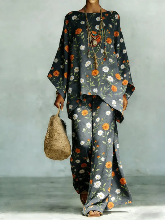 Women's Vintage Floral Art Comfortable Loose Cotton Linen Wide-leg Pants Two-piece Set