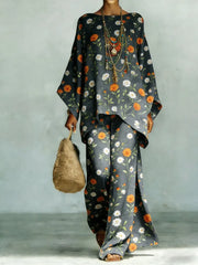 Women's Vintage Floral Art Comfortable Loose Cotton Linen Wide-leg Pants Two-piece Set