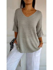 Women's Solid Color Knitted 3/4 Sleeve V-neck Top