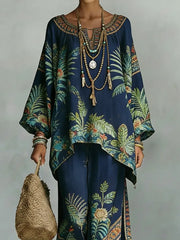 Women's Vintage Floral Art Comfortable Loose Cotton Linen Wide-leg Pants Two-piece Set