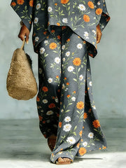Women's Vintage Floral Art Comfortable Loose Cotton Linen Wide-leg Pants Two-piece Set
