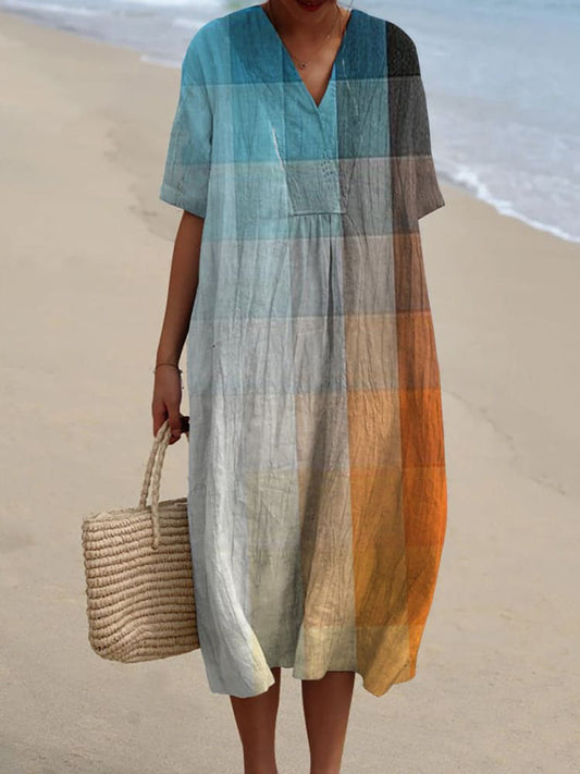 Women's V Neck Vintage Orange Blue Art Mosaic Gradient Art Linen Loose Dress