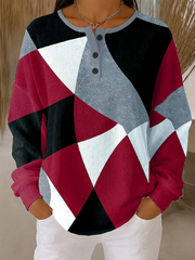 Vintage Abstract Graphic Henley Collar Long Sleeve Sweatshirt