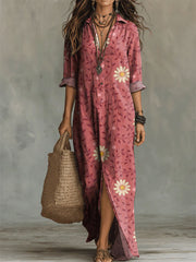 Women's Flower Print Casual Solid-color Linen-cotton Dress