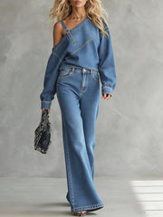 Women's Off-the-shoulder Long-sleeved Casual Loose Top And High-waisted Wide-leg Denim Pants Set.