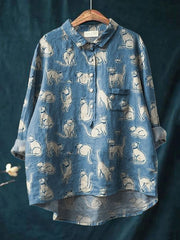 Women's Simple Denim Blue Kitten Print Casual Cotton And Linen Shirt